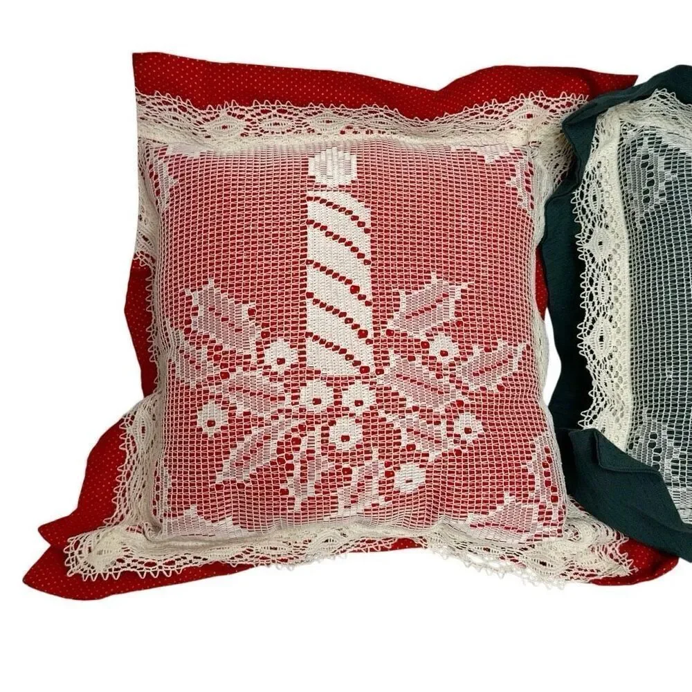 Vintage Christmas throw pillows with lace covered prints